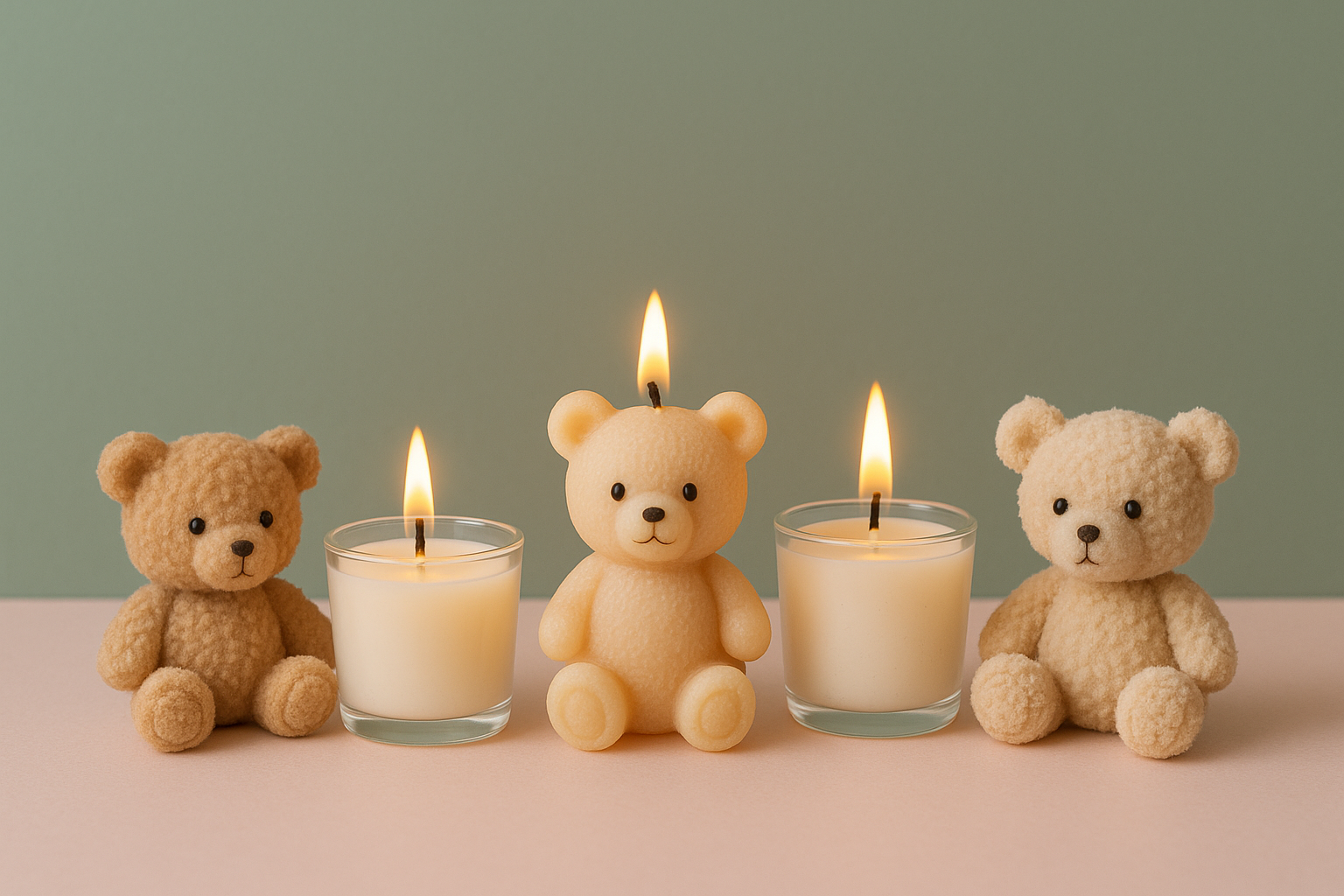 image photo de couverture avec des dessin petit bougier + petit ours couleur arriere plan melange entre vert eucalyptus moderne #8BA891 + rose pâle des accents #F4C2C2
